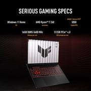 Asus TUF A16 Gaming (2025) Laptop - AMD Ryzen 7-260 / 16inch FHD+ / 512GB SSD / 16GB RAM / Shared AMD Radeon Graphics / Windows 11 Home / English & arabic Keyboard / Jaeger Gray / Middle East Version - [FA608UH-G1S825W]