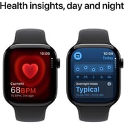 ساعة أبل سلسلة رقم 10 تدعم الاتصال الخليوي والمدعومة بنظام تحديد المواقع GPS، بمقاس 42 ميلي متر، ومزودة بغطاءٍ من الألمنيوم بلون اسود، مع سوار حلقي رياضي بلون أسود، مقاس متوسط/كبير 