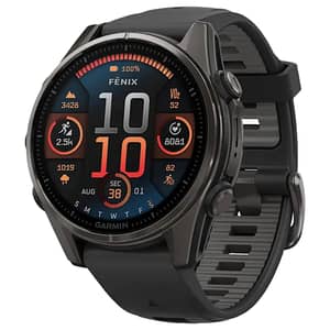جارمين الساعة الذكية Fenix ​​8 اموليد مقاس 43 مم من الياقوت والكربون الرمادي DLC التيتانيوم مع سيليكون أسود/رمادي بلون الحصى 010-02903-21