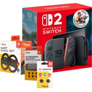 Nintendo Switch 2 Handheld Console 256GB Black - Mario Kart World Bundle + Kart Wheel Set + Screen Protector + XL Grips