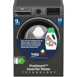 Beko 9 Kg Front Load Washing Machine, 1400 RPM, 15 Programmes, Quick wash, SteamTherapy, WTV9314XM(Grey) + (Ariel Power Gel 600 ml x 16 Bottles)