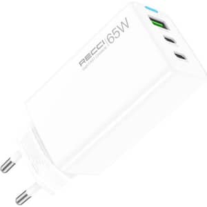 شاحن ريتشي السريع بتقنية GaN وبقوة 65 واط مزود بمنافذ USB-C وUSB-A لون أبيض RC109E