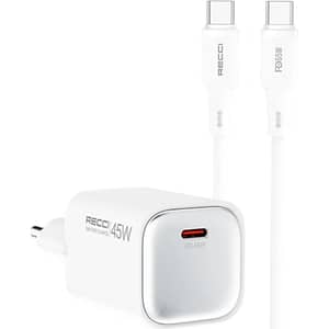 شاحن ريتشي السريع بتقنية GaN وبمنفذ USB-C مع مجموعة أسلاك بطول 1 متر لون أبيض RC132E
