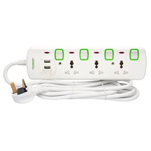 Terminator 3 Way Universal Power Extension Socket With 2 USB 2.1A 3M Cable 13A Plug TPB 853U