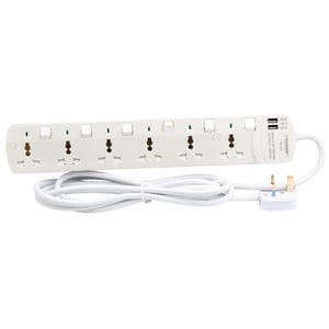 Terminator 6 Way Universal Power Extension Socket 3M Cable With 2USB TPB 6AU