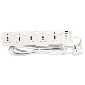 Terminator 5 Way Universal Power Extension Socket TPB 5AU White