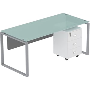 

Mahmayi Glass 4114 Modern Workstation Desk - Sleek and Stylish Office Desk Organiser With Square Metal Legs and Mobile Storage Unit - 75Cm X 140Cm X 75 Cm (White) ME4114WH