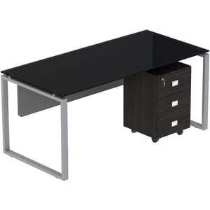 

Mahmayi Glass 4114 Modern Workstation Desk - Attractive and Functional Office Desk Organiser With Stylish Square Legs and Mobile Storage Unit - 75Cm X 140Cm X 75 Cm (Black)