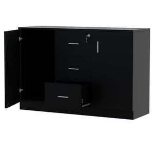 

Mahmayi Melamine On Mdf Glass 1147 Credenza Contemporary & Tough Wooden Storage Cabinet With Three Drawer Storage -W120Cms X D40Cms X H80Cms (Black) ME1147BL