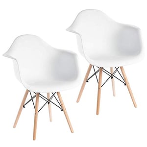 

Mahmayi Furniture Set of 2 White - Eames Style Armchair with Natural Wood Legs Eiffel Dining Room Chair - Lounge Chair Arm Chair Arms Chairs Seats Wooden Wood Leg Base Molded Plastic