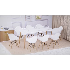 

Mahmayi Cenare 9 Piece Dining Set For Kitchen, 160 X 80 Table With 8 X Daw Arm Dining Chair, Dining Room Set Lounge Set, Eiffel Legged Base Molded Plastic Seat Shell Top Side Chairs White