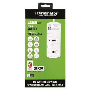 Terminator 2 Way Universal Power Extension Socket With 2usb Model No Tpb 2au