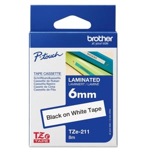 Brother Tze-211 6mm Black On White Laminated Tape