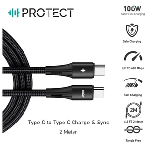 

Protect PJ-W2159 Fast Charging USB-C To USB-C Data Cable 2M 100W Black