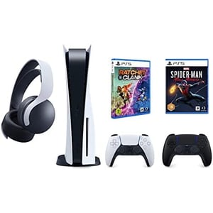 Sony PlayStation 5 Disc Console White - Middle East Version + Spider-Man Miles Morales + Ratchet & Clank + Extra Pulse 3d Headset + Black Dualsense Controller Bundle