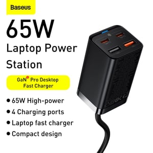 Baseus 65w GaN3 Pro Fast Wall Charger with 4-ports (2x USB Type C, 2 x USB) Charging Station