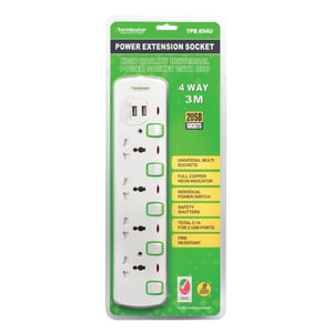Terminator 4 Way Universal Power Extension Socket With 2 USB 2.1A, 3M Cable 13A Esma Approved