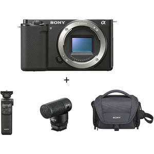 Sony ILCEZVE10LB Mirrorless Camera Body Black + GP-VPT2BT Grip + ECMG1 Mic + LCSU21 Carry Case