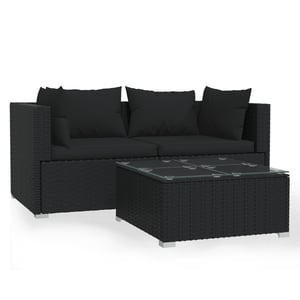 

vidaXL 3 Piece Garden Lounge Set with Cushions Black Poly Rattan