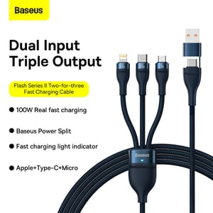 

Baseus Flash Series II Two-for-three Charging Cable U+ C to M+L+C 100W 1.2m Blue