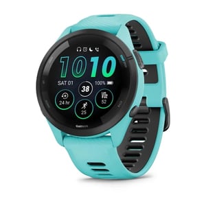 Garmin Forerunner 265 GPS Running Smartwatch Black Bezel with Aqua Case and Aqua/Black Silicone Band 010-02810-12