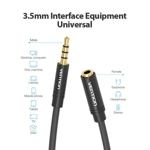 VENTION Cotton Braided 3.5mm Audio Extension Cable 2M Black Metal Type- BHBBH