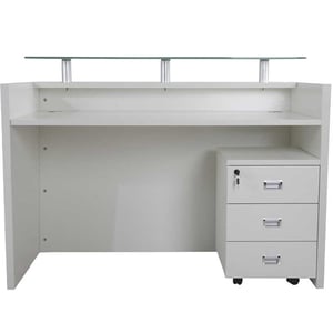 

Mahmayi R06 Modern Reception Desk with Floating Glass Top, Drawer Storage with Castor Wheels, Wire Management 140cm - White