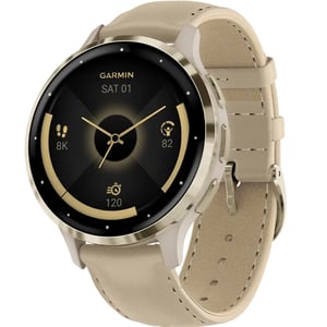 

Garmin Venu 3s GPS Smartwatch Soft Gold Stainless Steel Bezel With French Grey Case and Leather Band (includes French Gray silicone band) 41mm 010-02785-55