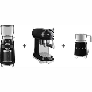 Smeg Espresso Coffee Machine Black ECF01BLUK + CGF01BLUK Coffee Grinder + MFF11BLUK Milk Frother