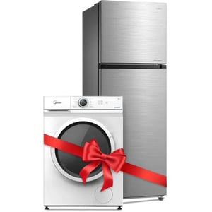 

Midea Front Load Washer 10 kg MF200W100WBW + MDRT580MTE46D Top Mount Refrigerator 580 Litres Silver