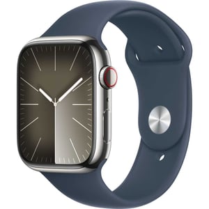 Apple Watch Series 9 GPS + Cellular 41mm Silver Stainless Steel Case with Storm Blue Sport Band S/M– Middle East Version