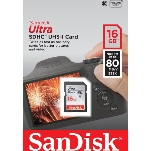 بطاقة SDHC ألترا من الفئة 10 UHS-I سعة 16 جيجابايت وسرعة قراءة 80 ميغابايت/الثانية  SDSDUNC016GGN6IN من سانديسك