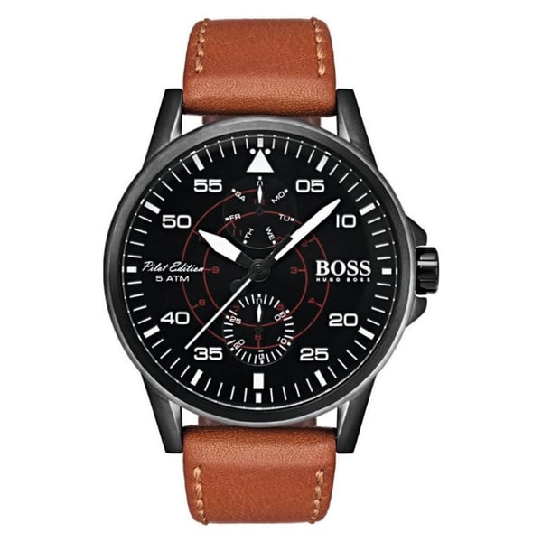 Hugo Boss Aviator Watch For Men with Brown Leather Strap