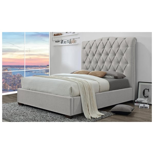 Beige upholstered store platform bed