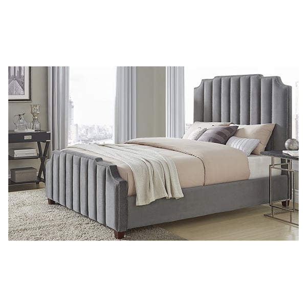 Chareau Velvet Upholstered Nailhead Queen Bed without Mattress Grey