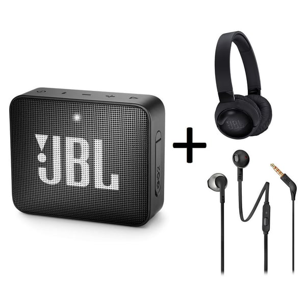 JBL GO2 Portable Bluetooth Speaker + JBL TUNE600BTNC Wireless On-Ear Active Noise Cancelling Headphone + JBL T205 Wired Earbud Headphone