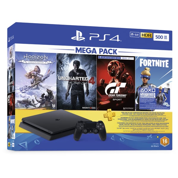 Sony PlayStation 4 Slim Console 500GB Black - Middle East Version + Horizon Zero Dawn Complete Edition + Uncharted 4 A Thief's End + PSVR Gran Turismo Sport + Fortnite + PS Plus 3 Months Code