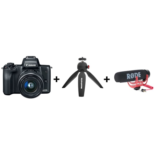 كاميرا رقمية كانون طراز EOS M50  بدون مرآة سوداء مع عدسة EF-M مقاس 15-45 مم ومثبت IS  وتقنيةSTM +مجموعة فلوجر.