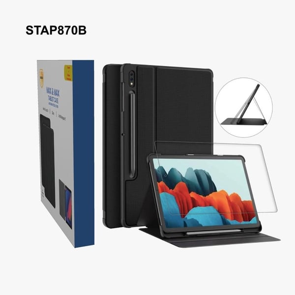 Max&Max Protector Folio Case Black with Tempered Glass For Galaxy TabS7