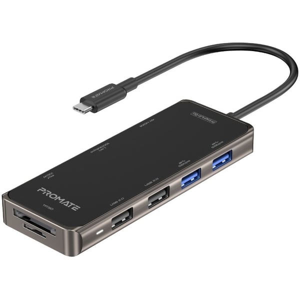 محور  USB-C  من بروميت مع توصيل طاقة  100  واط، HDMI  دقة  4K ، منافذ 4 USB  منفذ  RJ45 ، فتحة  TF/SD  طراز  PrimeHub-Go