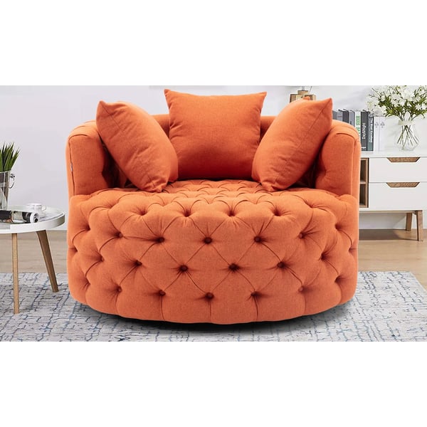 Tufted swivel store barrel chair