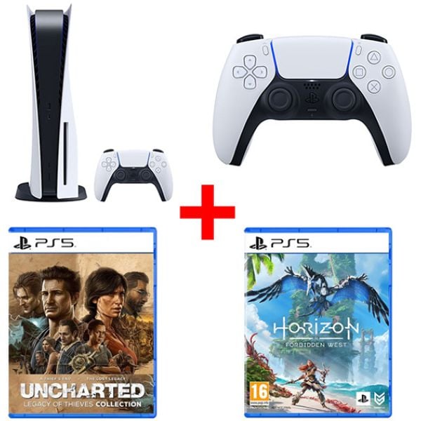Sony PlayStation 5 Console (CD Version) White - Middle East Version + PS5 CFIZCT1W DualSense Wireless Controller + PS5 Uncharted Legacy of Thieves Collection Game + PS5 Horizon Forbidden West Game