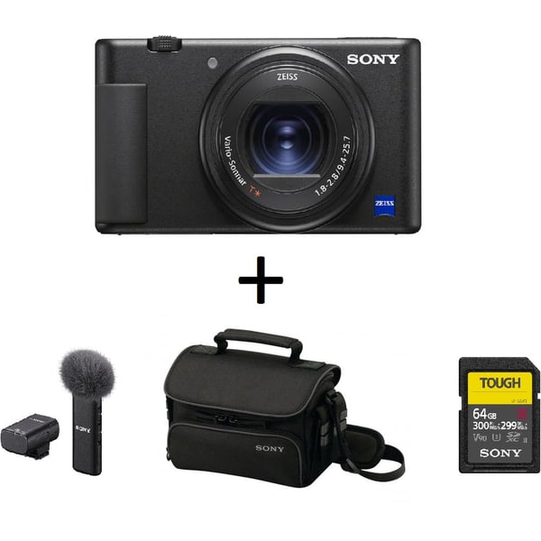 Sony DSCZV1 Digital Vlogging Camera Black + ECMW2BT Wireless Microphone + LCSBDM Soft Carrying Case + SF-G64T Tough Series Memory Card