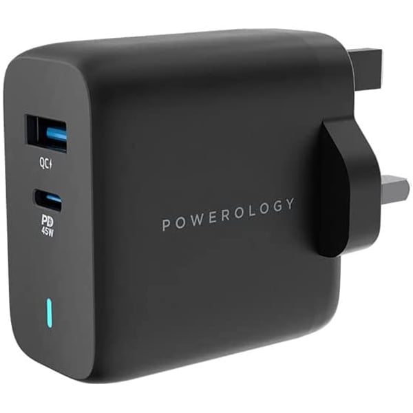 Powerology Dual Port Ultra-Quick GaN Charger QC3.0 PD 45W Black