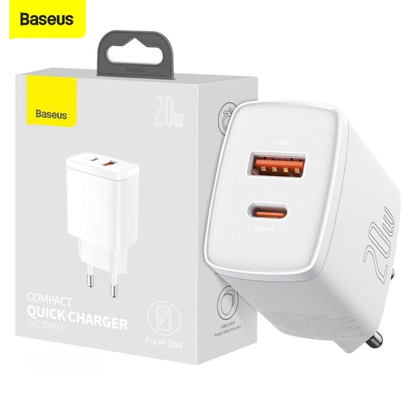 Buy Baseus 20W USB C PD Fast Charger Dual Port Type-C Quick QC3.0 Wall  Adapter EU Plug White Online in UAE