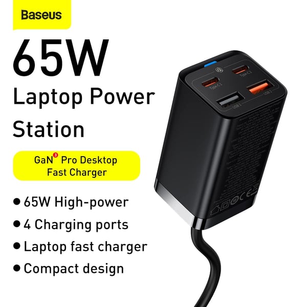Buy Baseus 65w GaN3 Pro Fast Wall Charger with 4-ports (2x USB Type C, 2 x  USB) Charging Station Online in UAE