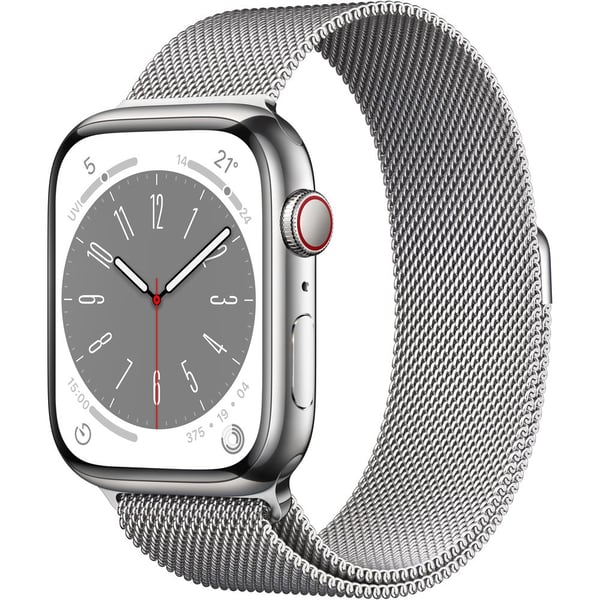 Apple Watch Series 8 GPS + Cellular 45mm Silver Stainless Steel Case with Silver Milanese Loop – Middle East Version