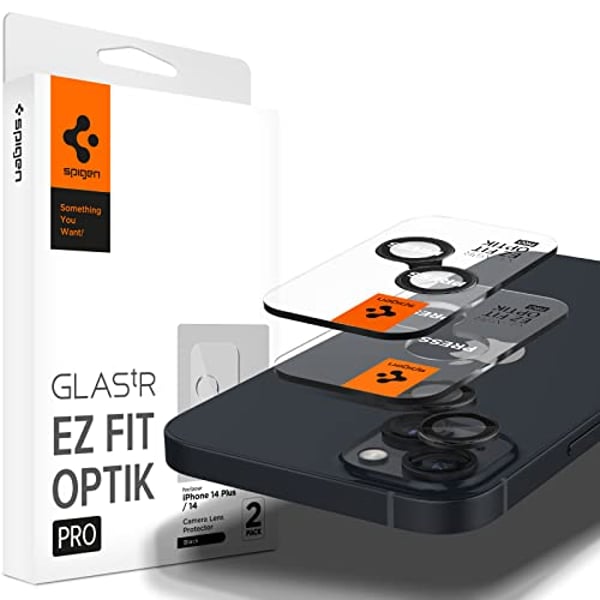واقي شاشة عدسة الكاميرا سبيجن GLAStR EZ-Fit أوبتيك برو مصمم لهاتف أيفون 14 و أيفون 14 بلس (2022) - أسود [عبوتين]