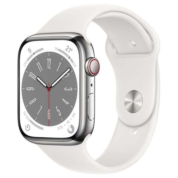 Apple Watch Series 8 GPS Cellular 45mm Silver Stainless Steel Case with White Sport Band Regular price in Bahrain Buy Apple Watch Series 8 GPS Cellular 45mm Silver Stainless