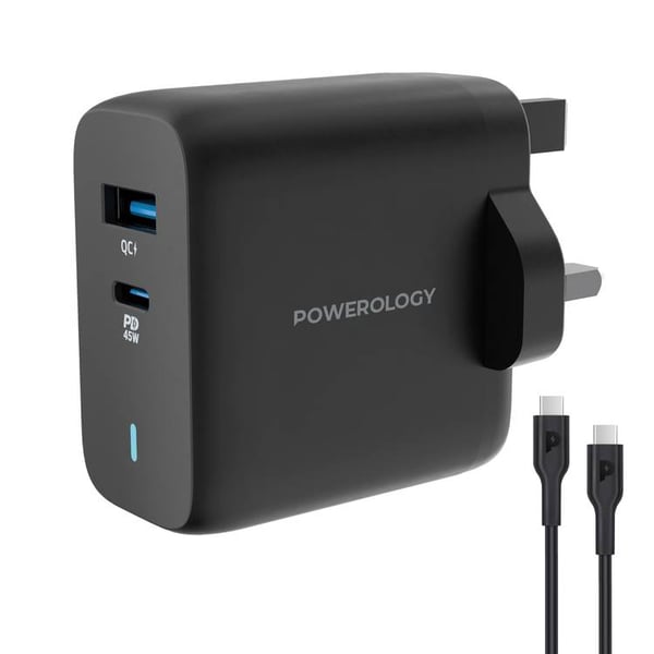 Powerology PD 45W USB-C To C Cable Dual Port Charger 63W Black